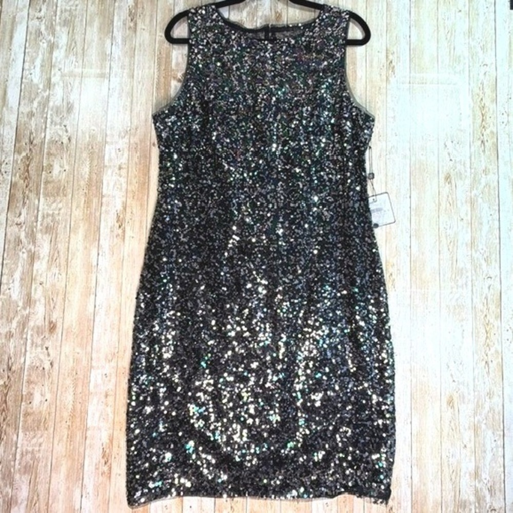 Laundry by Shelli Segal Black Multi Sequined Dress 14 Sleeveless Sheath/Mini NYE